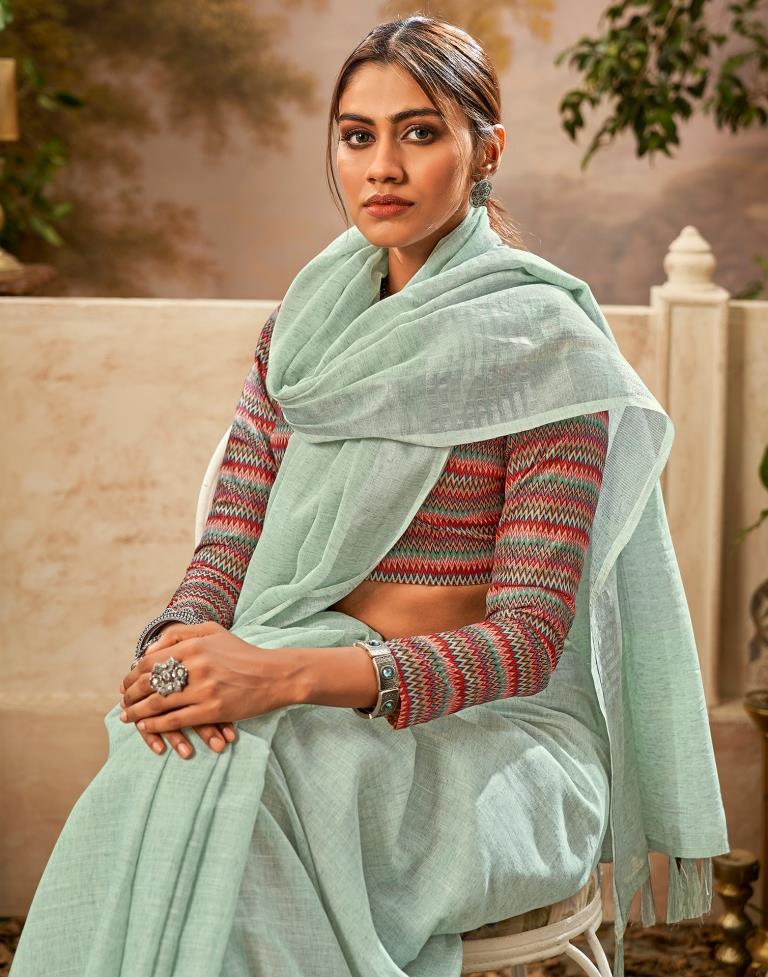 Light Pista Green Cotton Woven Saree