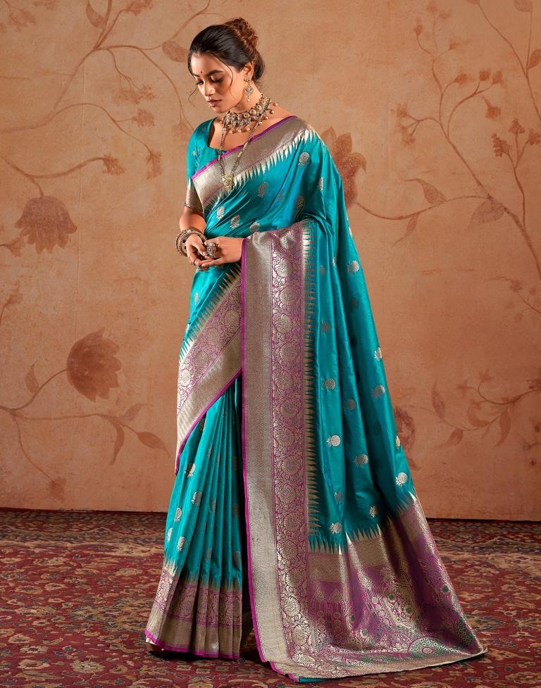 Pacock Blue Silk Banarasi Saree