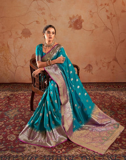 Pacock Blue Silk Banarasi Saree