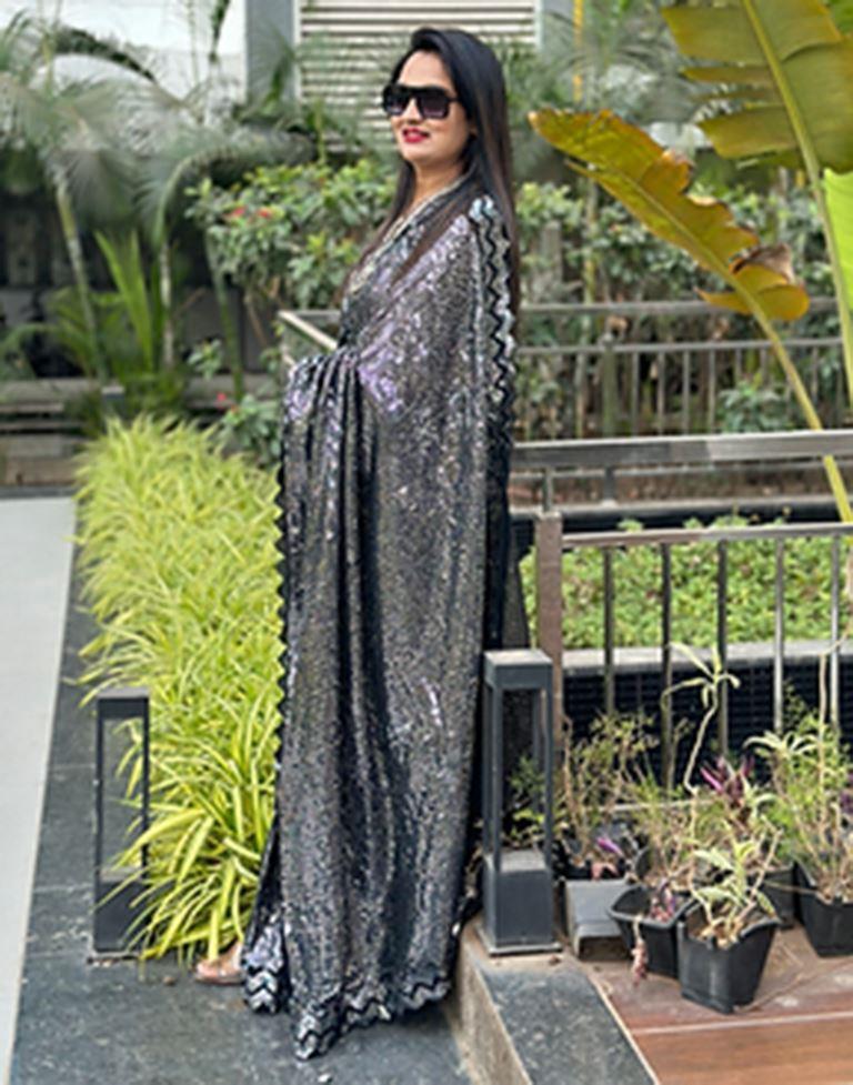 Black &amp; Grey Georgette Plain Saree