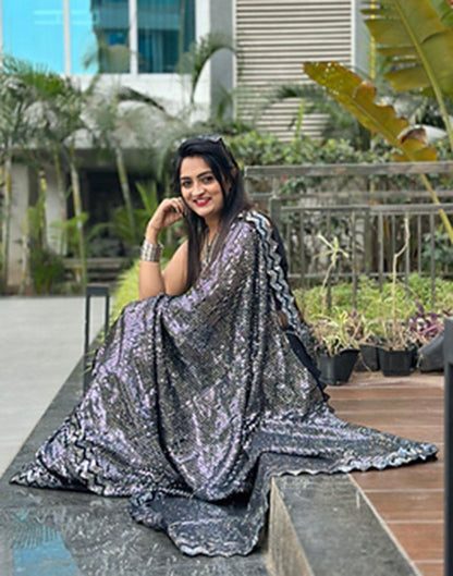 Black &amp; Grey Georgette Plain Saree