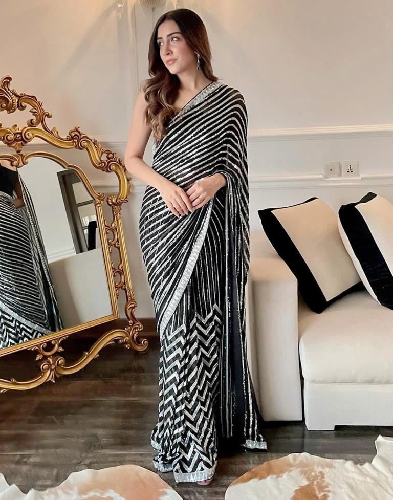 Black &amp; White Georgette Plain Saree