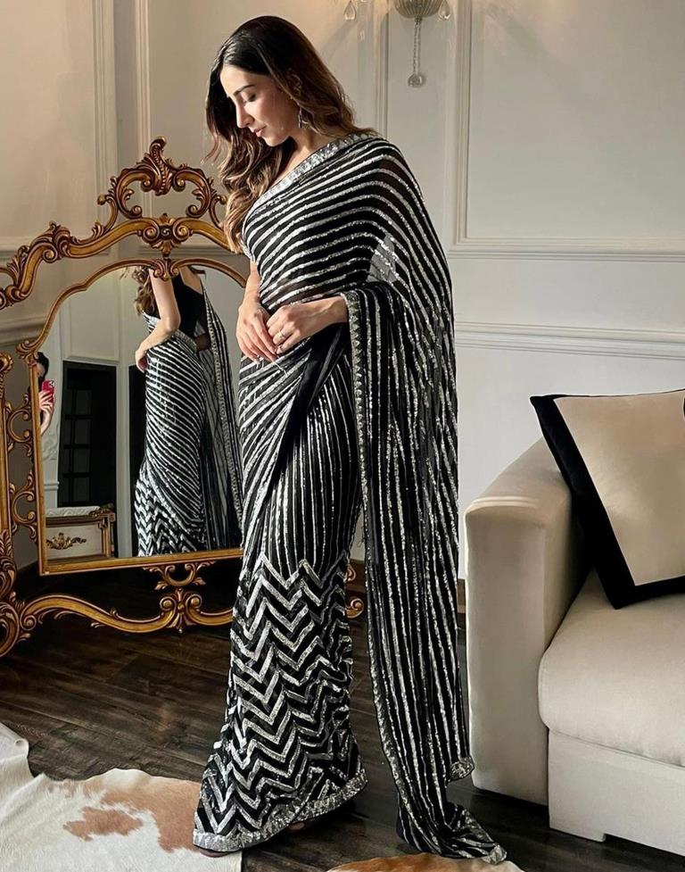 Black &amp; White Georgette Plain Saree