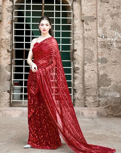 Red Georgette Plain Saree