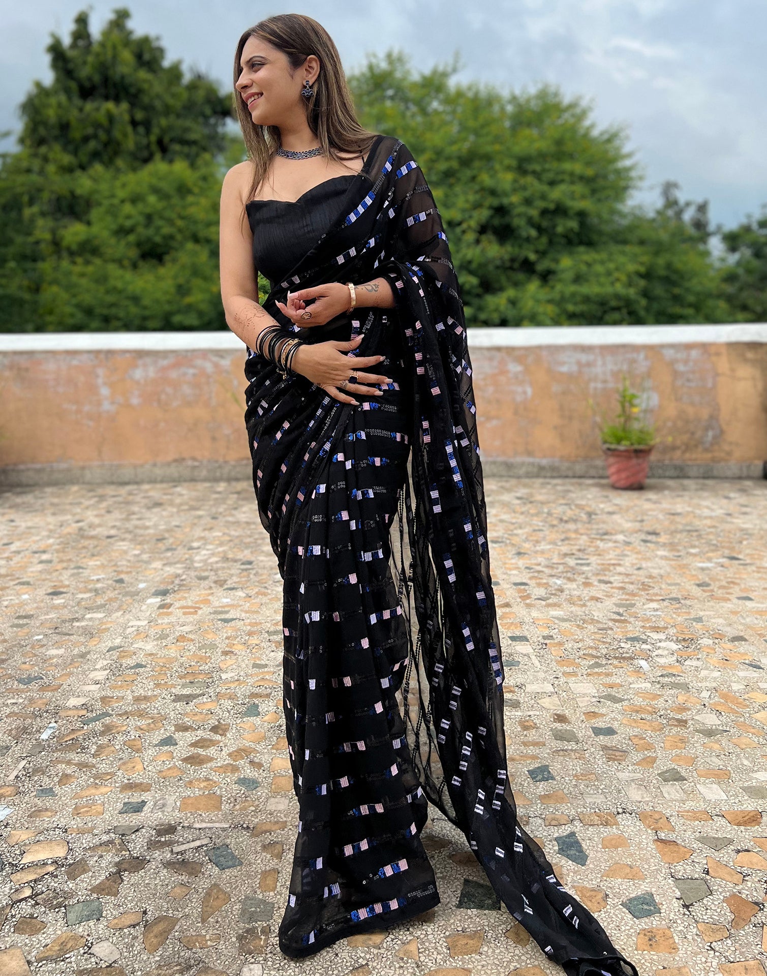 Black Georgette Plain Saree