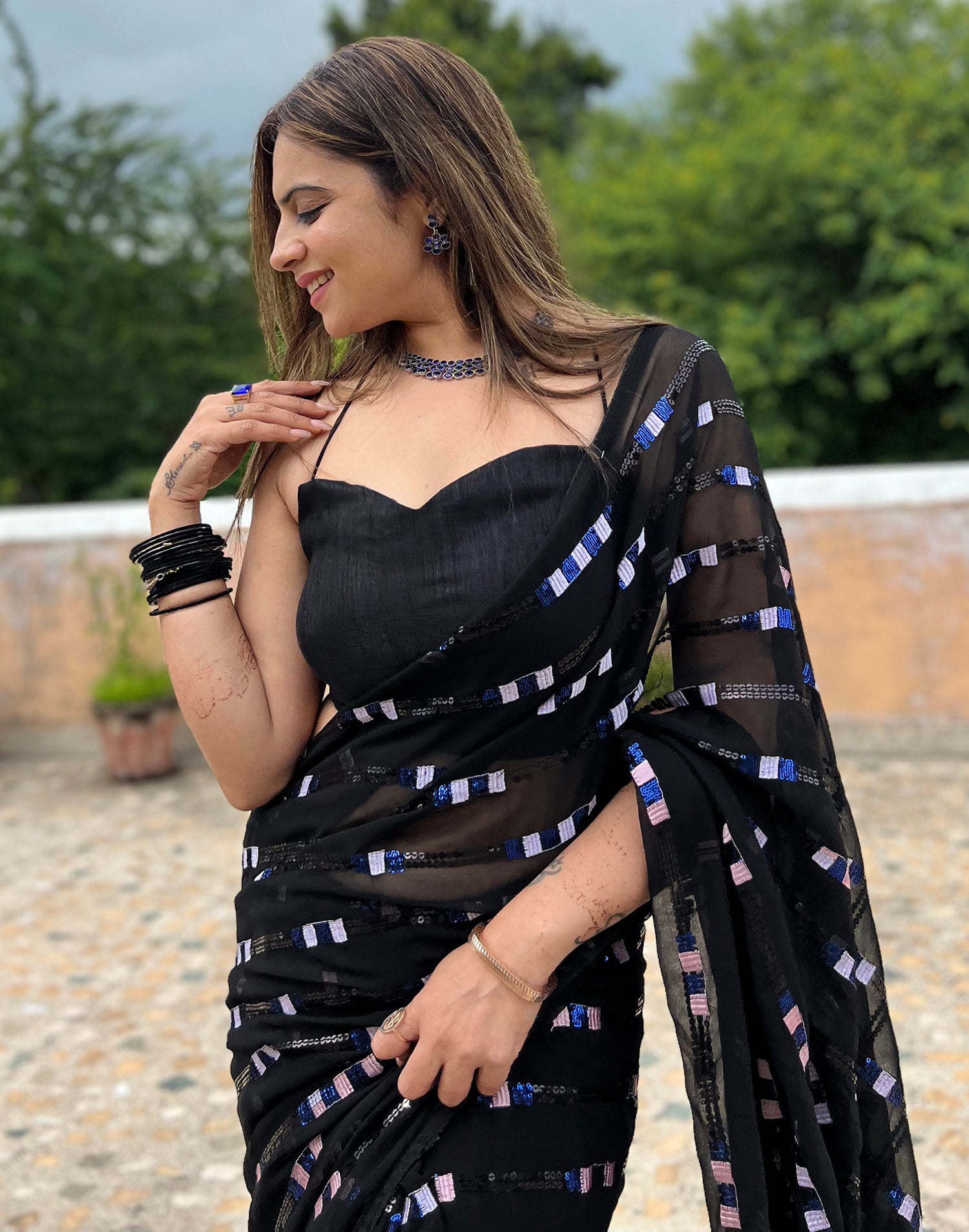 Black Georgette Plain Saree