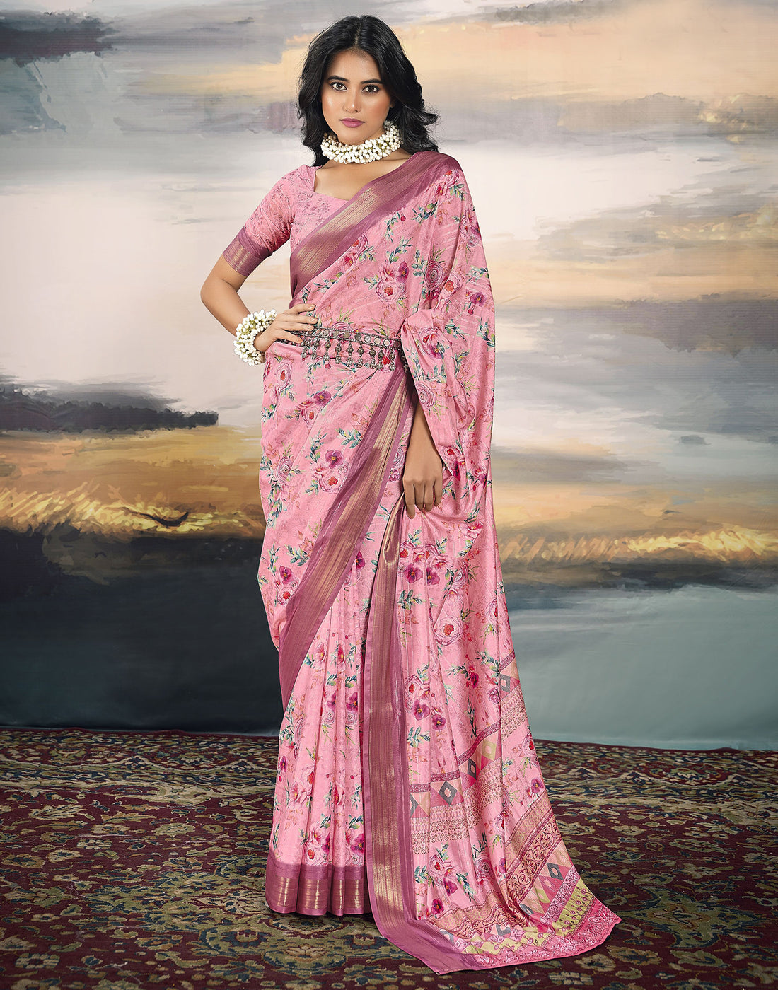 Rose Pink Silk Printed Saree