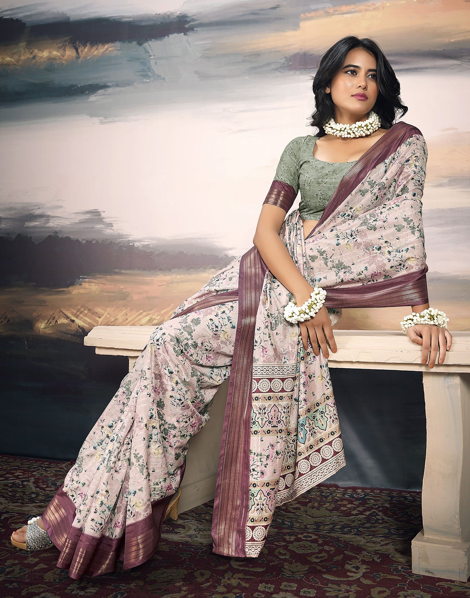 Light Pink Silk Printed Saree