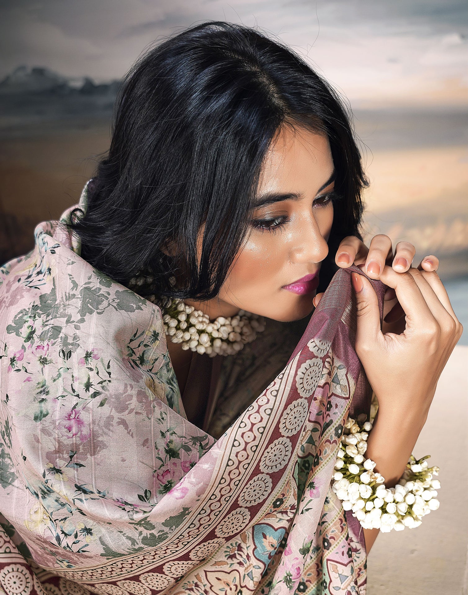 Light Pink Silk Printed Saree