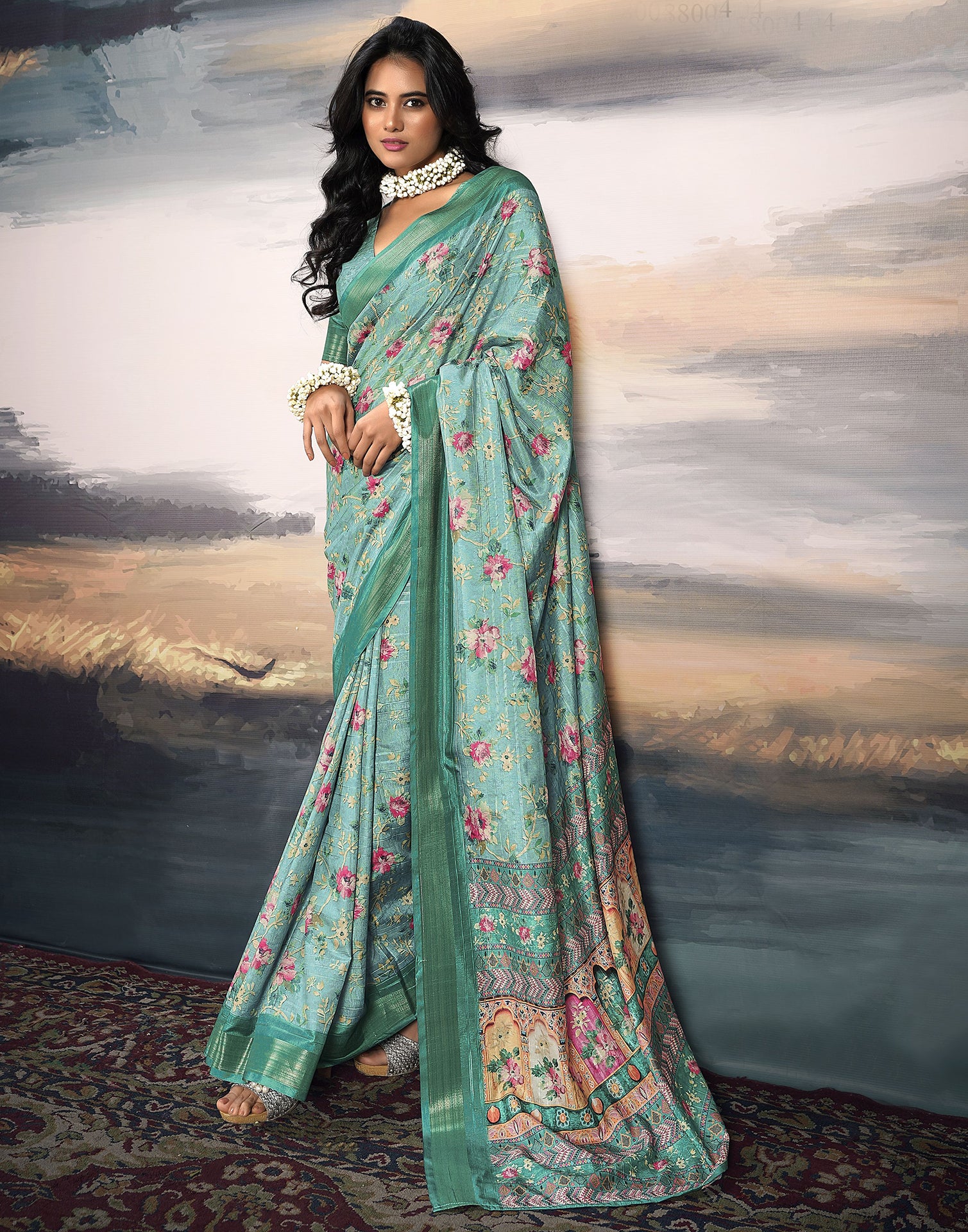 Light Blue Silk Printed Saree