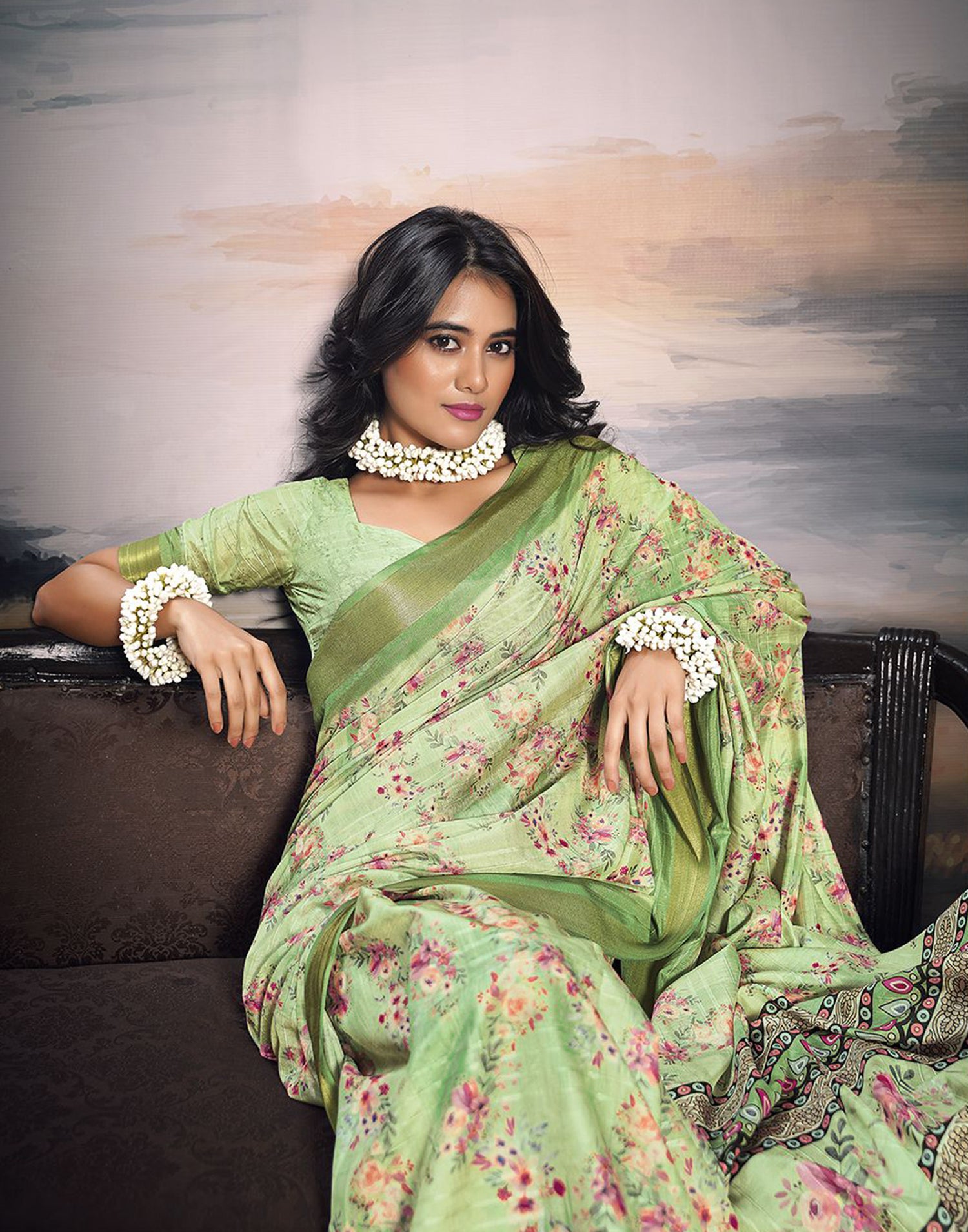 Parrot Green Silk Printed Saree