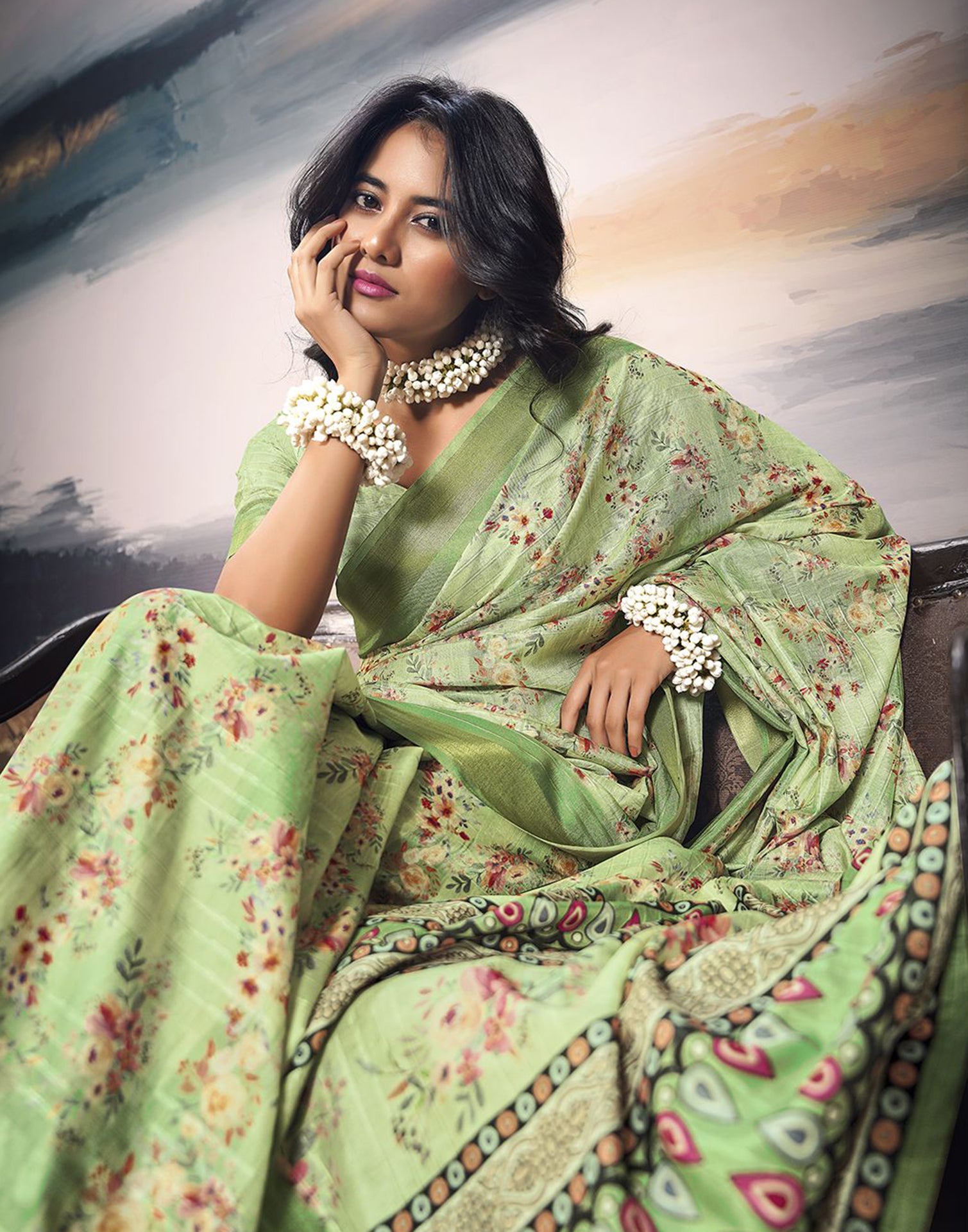 Parrot Green Silk Printed Saree