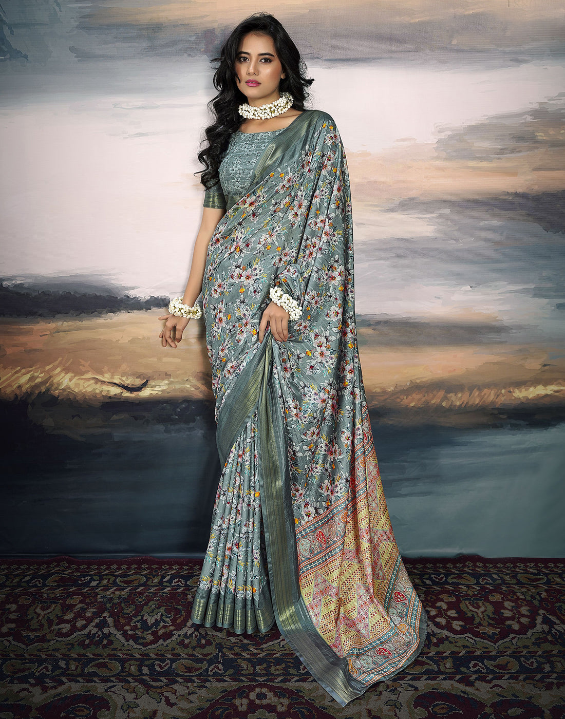 Grey Silk Printed Saree