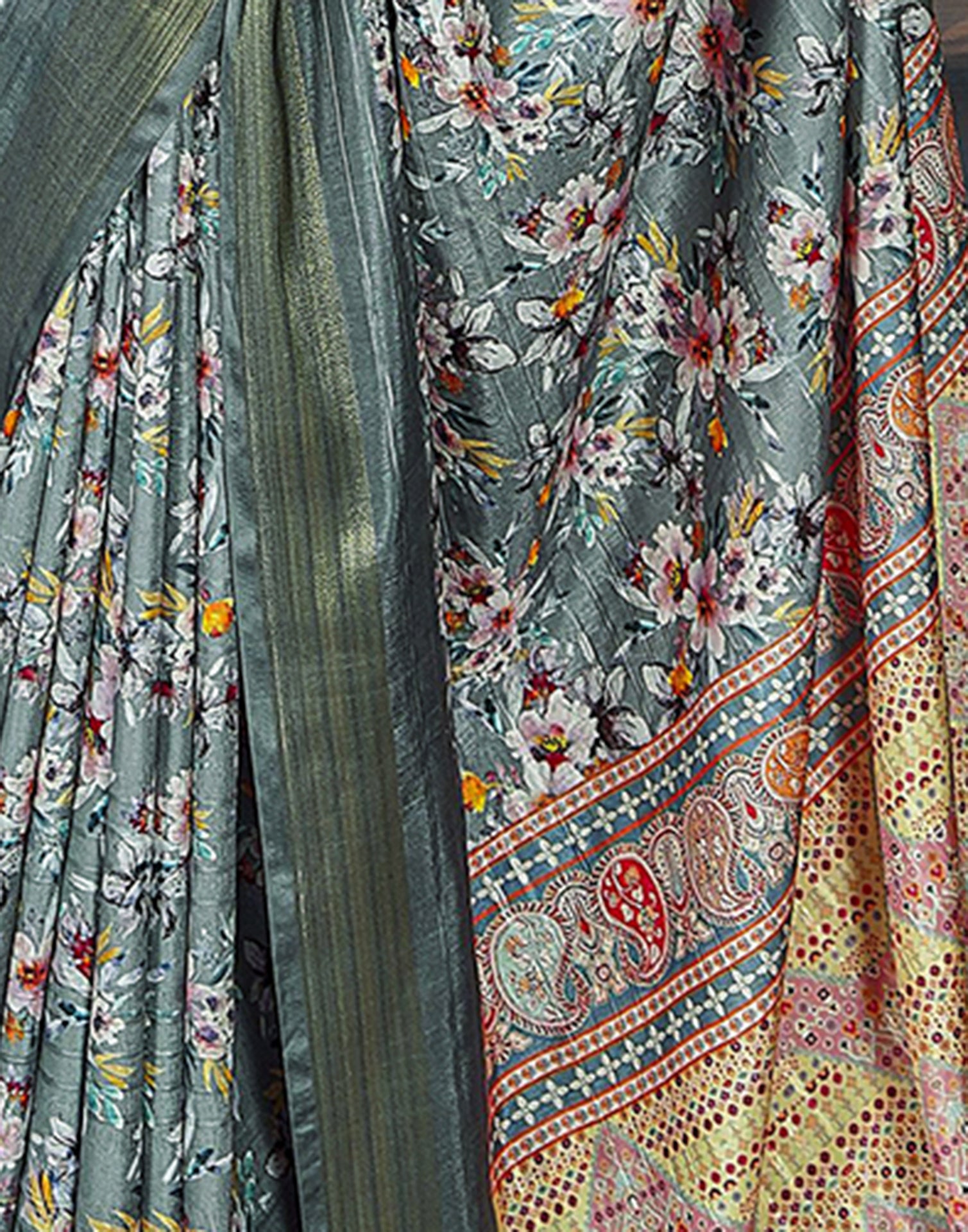 Grey Silk Printed Saree