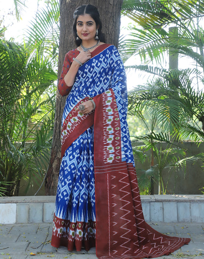 Blue &amp; Maroon Cotton Printed Saree