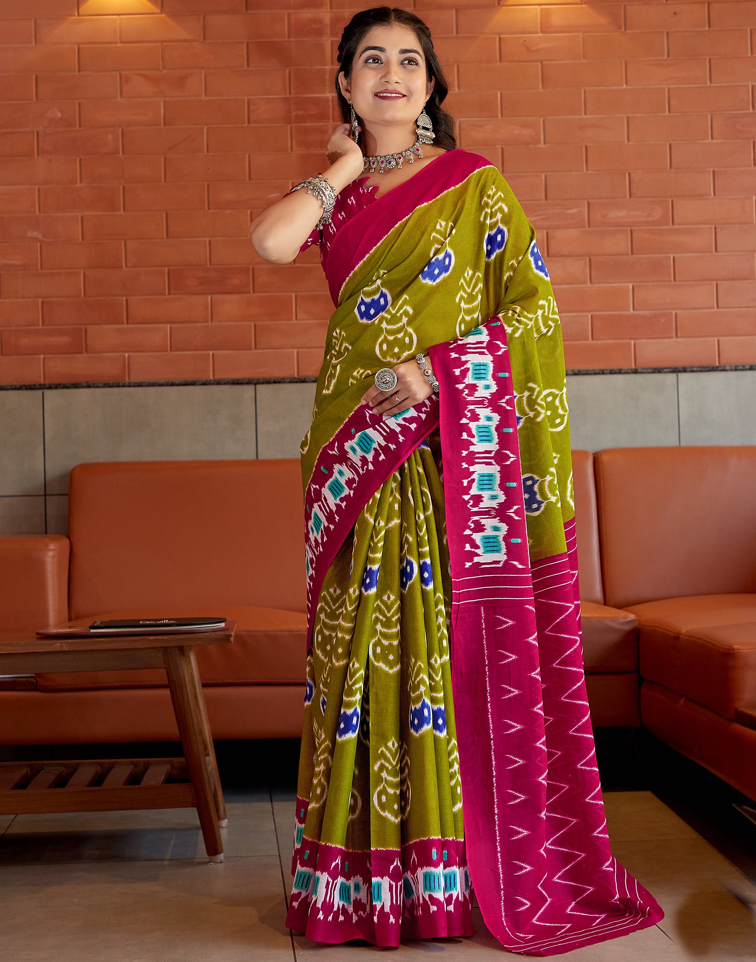 Olive Green Cotton Printed Saree