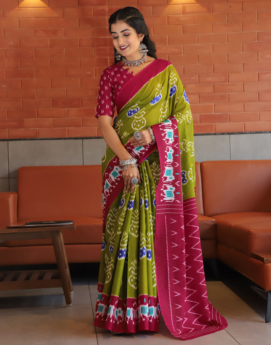 Olive Green Cotton Printed Saree