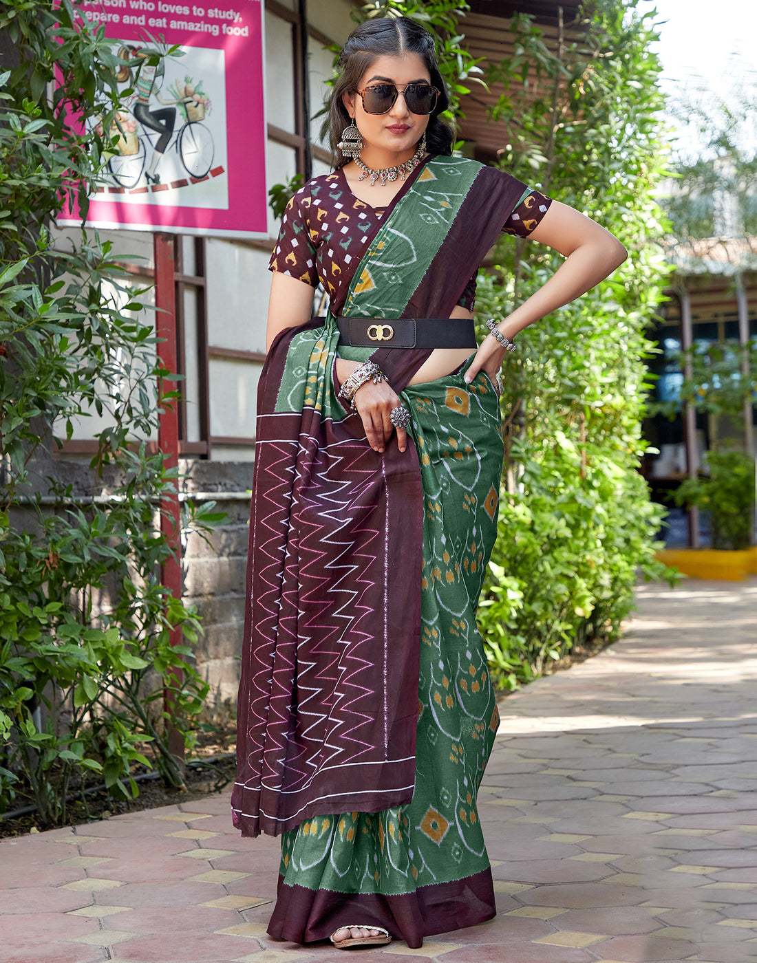 Dusty Green Cotton Printed Saree