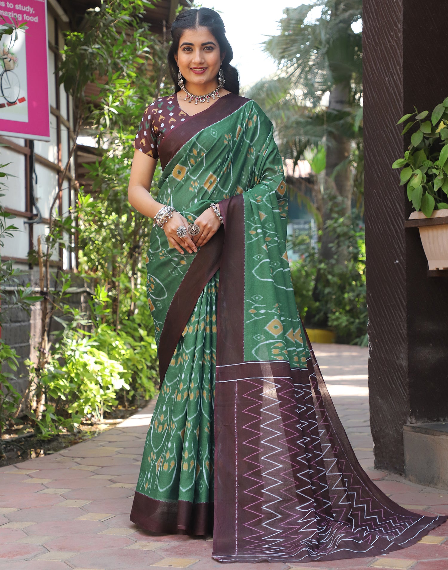 Dusty Green Cotton Printed Saree