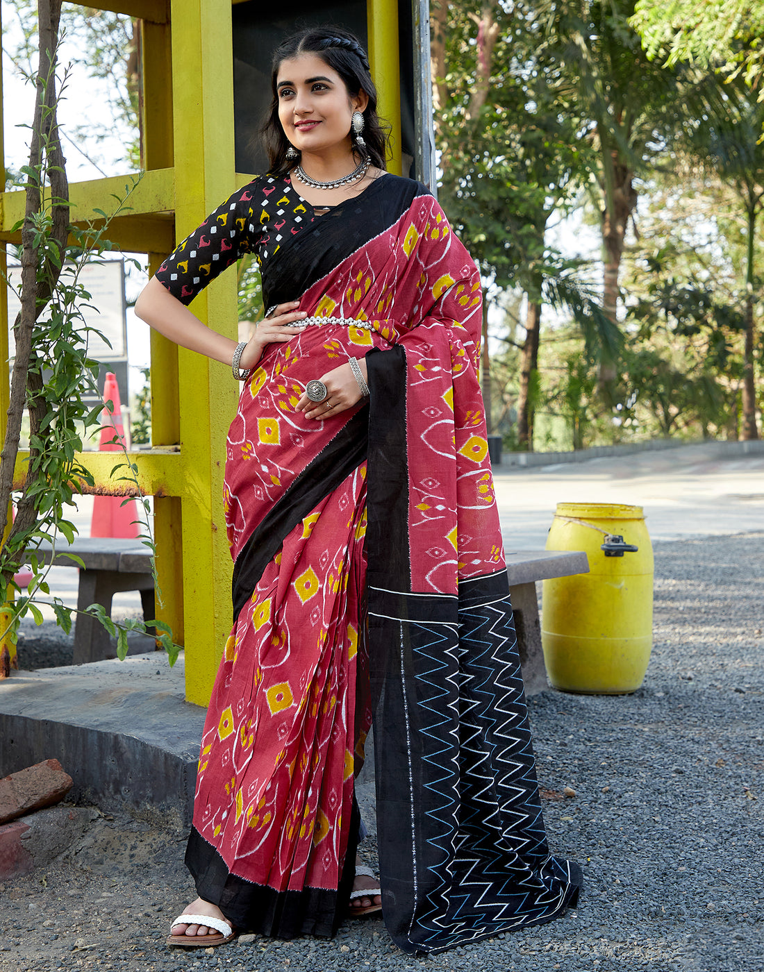 Dusty Red Cotton Printed Saree