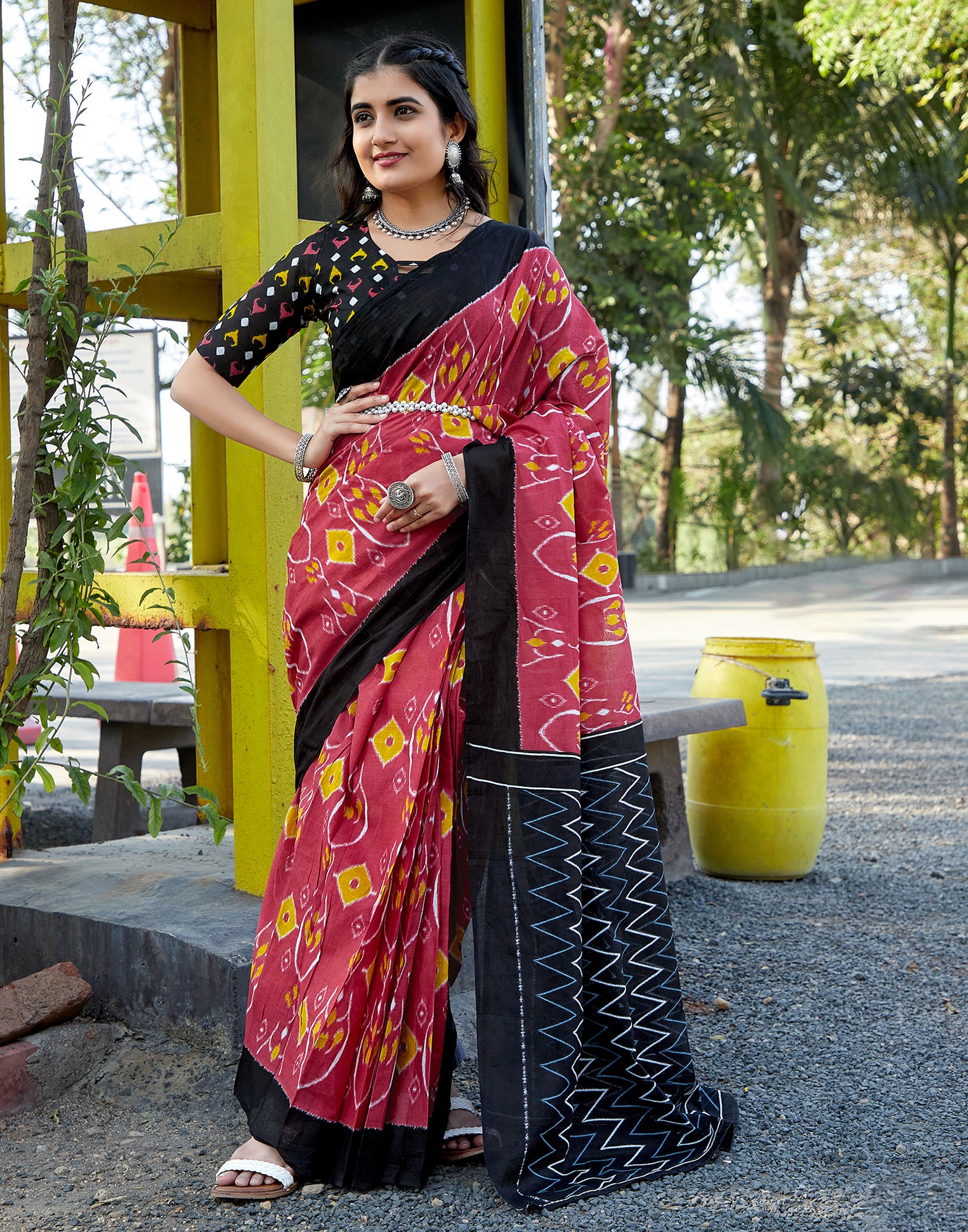 Dusty Red Cotton Printed Saree