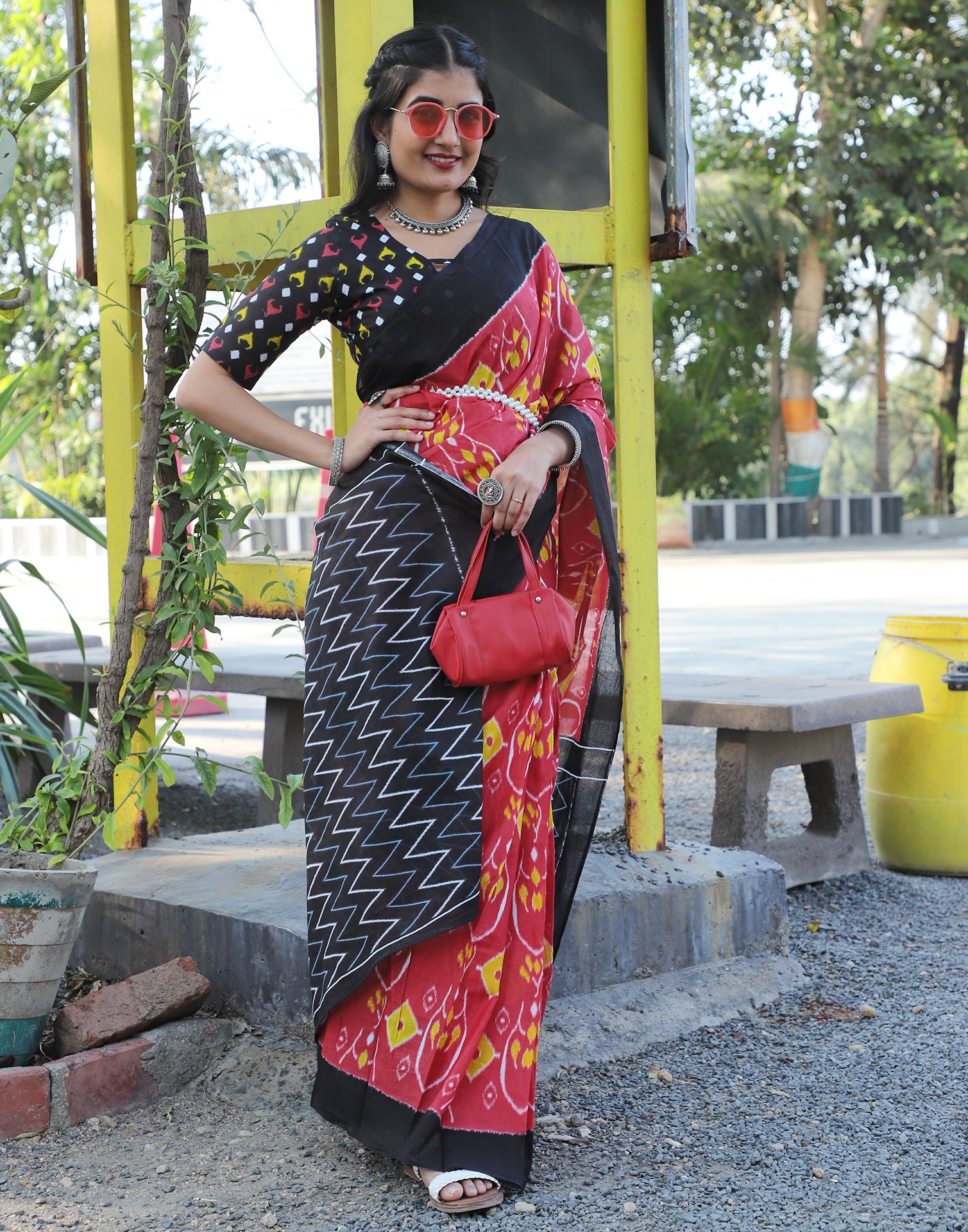 Dusty Red Cotton Printed Saree