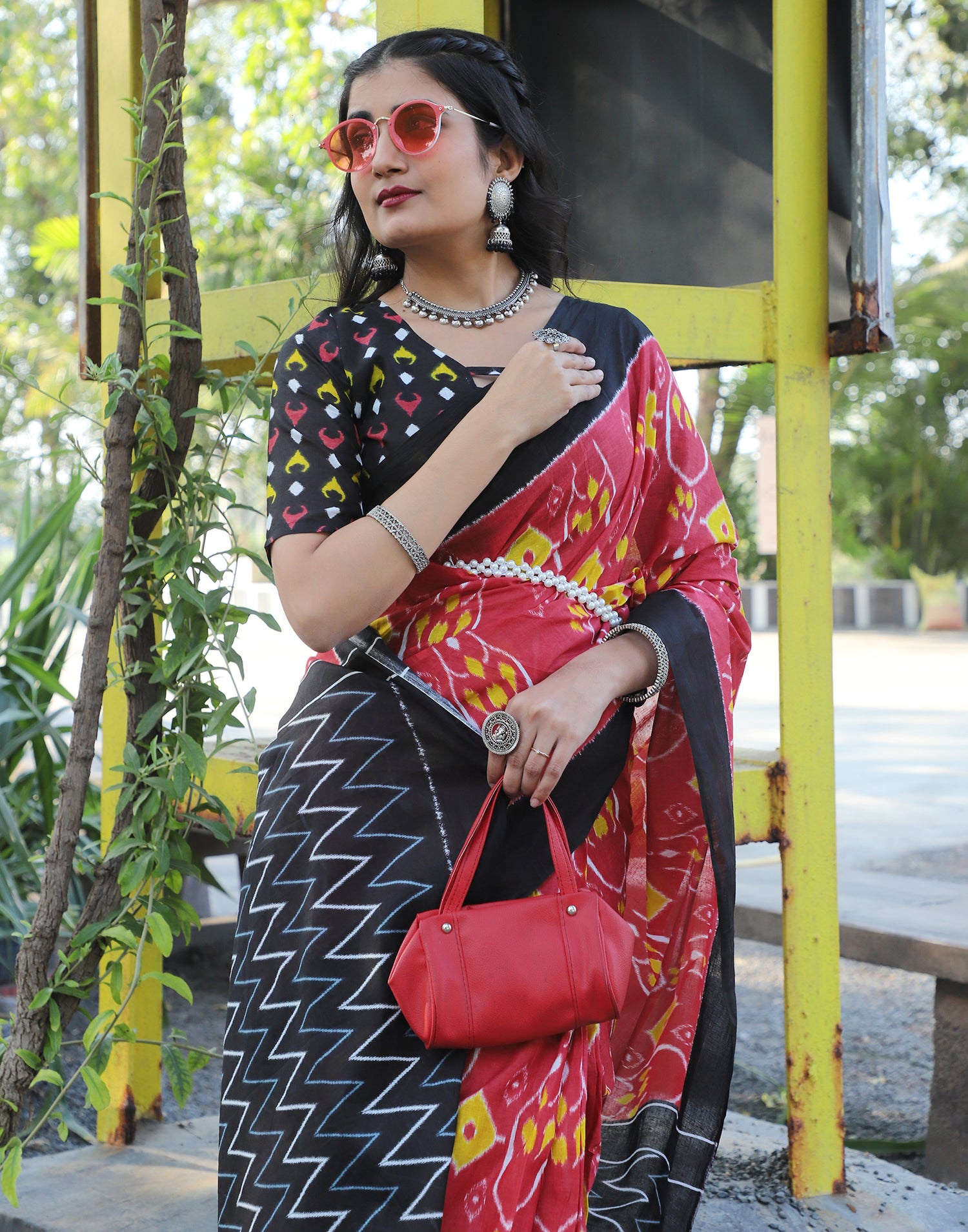 Dusty Red Cotton Printed Saree