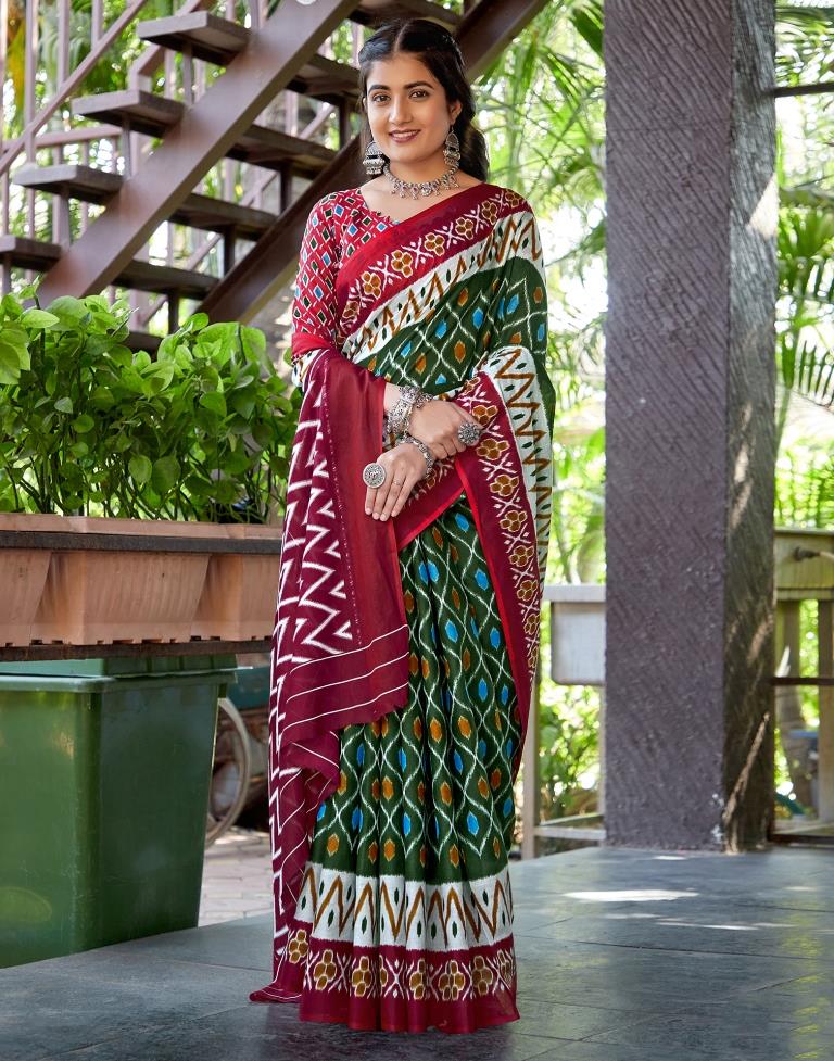 Green, Multicoloured Cotton Printed Saree