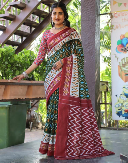 Green, Multicoloured Cotton Printed Saree