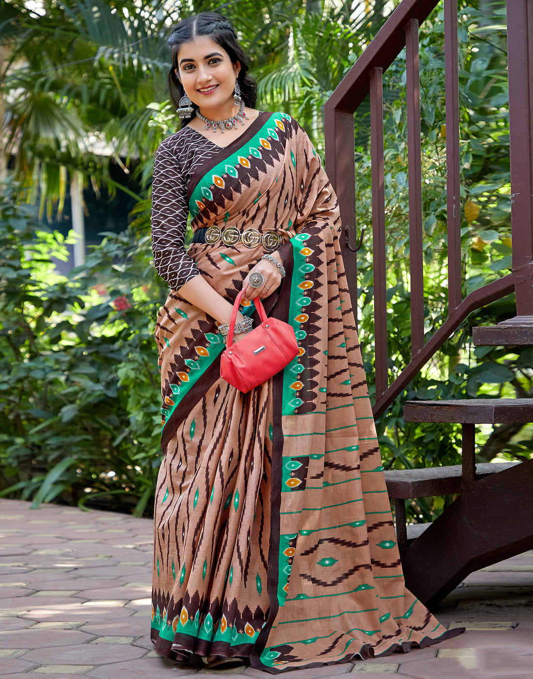 Light Brown Cotton Printed Saree