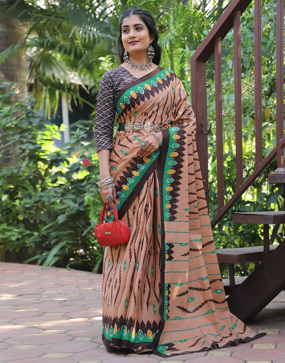 Light Brown Cotton Printed Saree