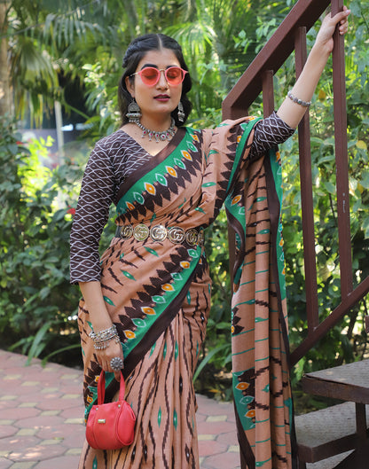 Light Brown Cotton Printed Saree