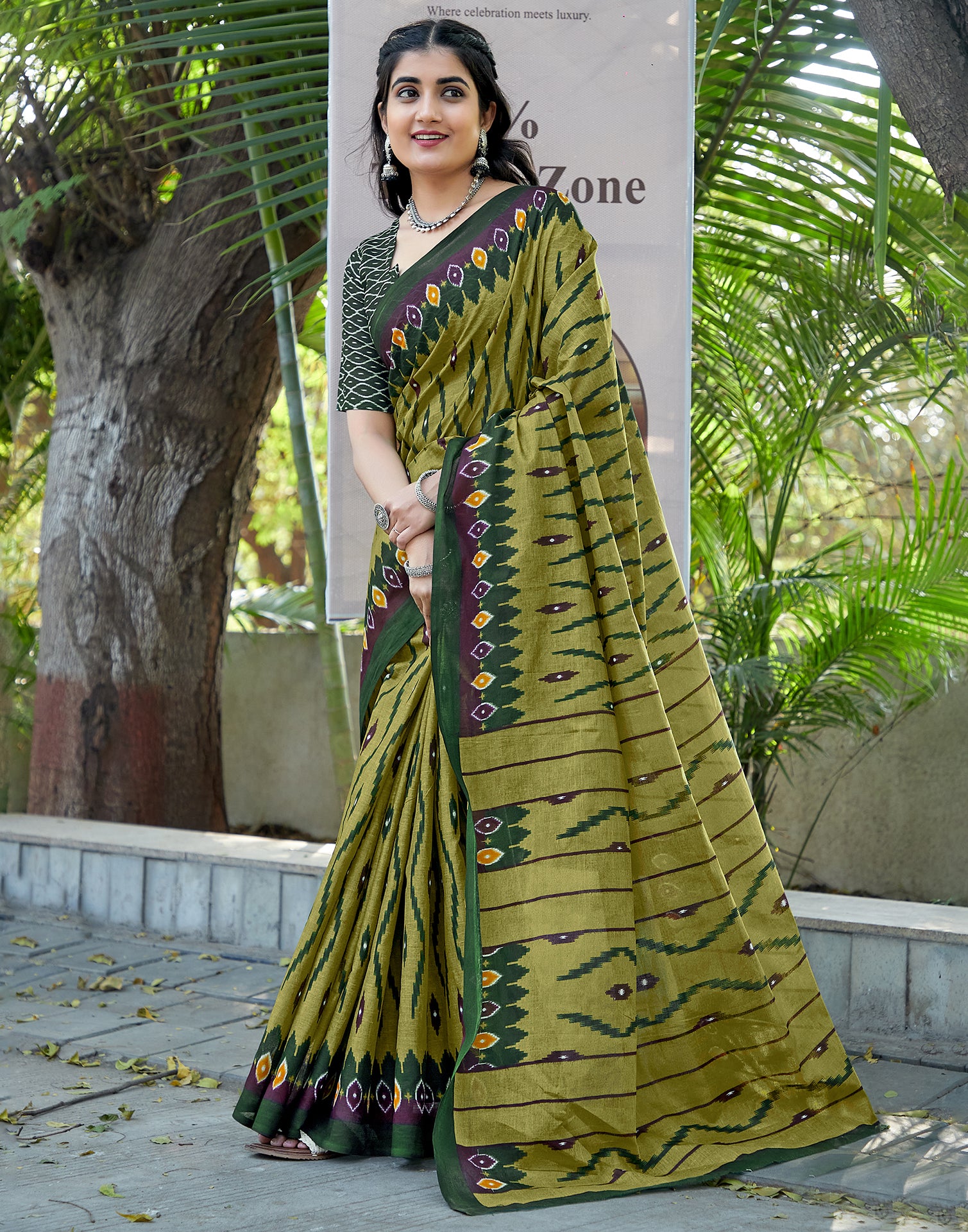 Green Cotton Printed Saree