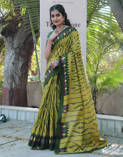 Green Cotton Printed Saree