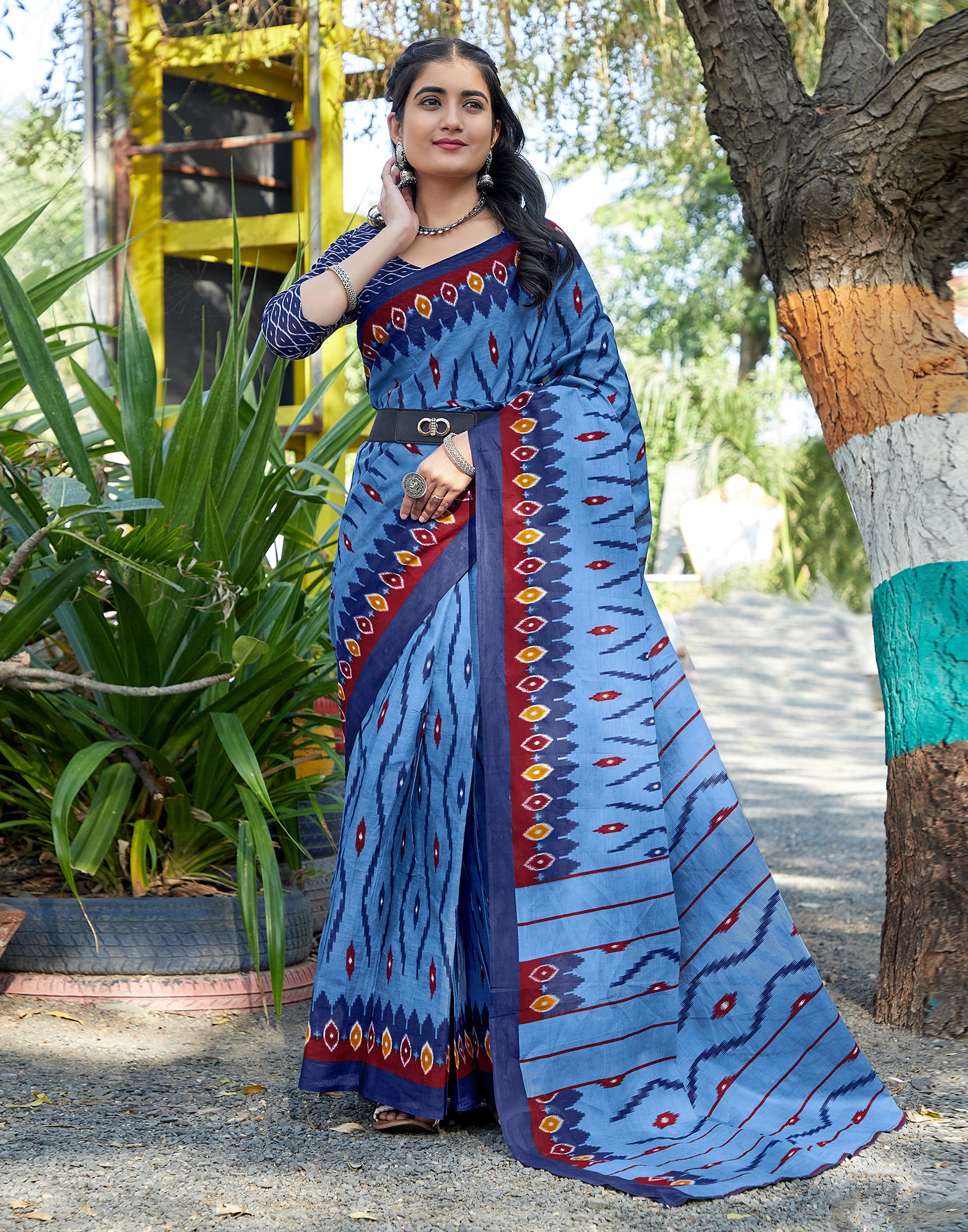 Blue Cotton Printed Saree