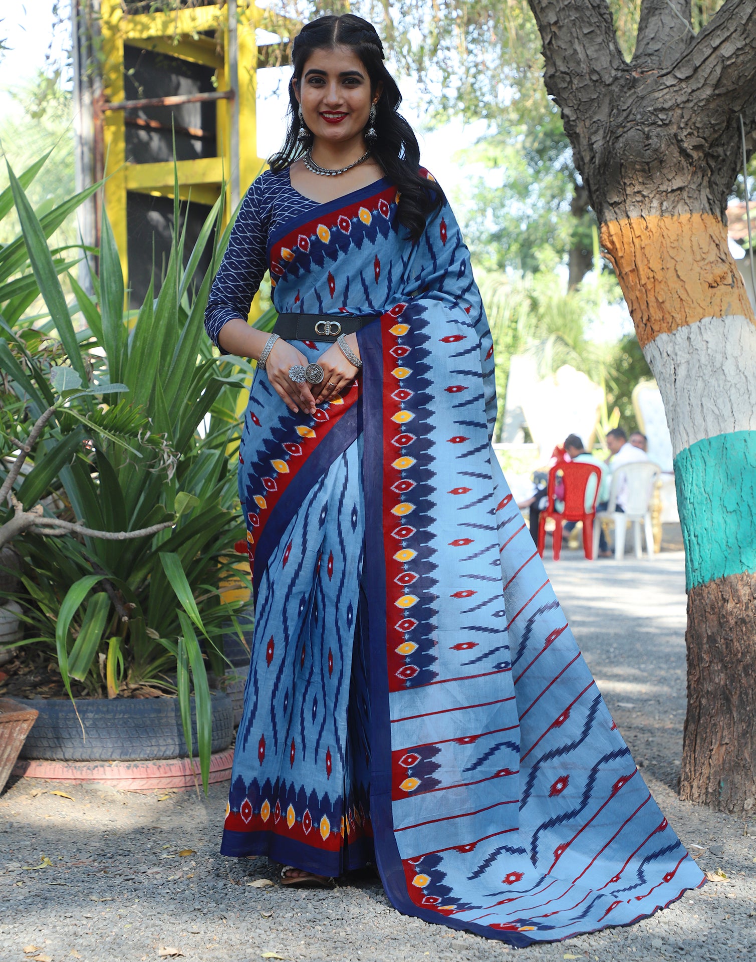 Blue Cotton Printed Saree