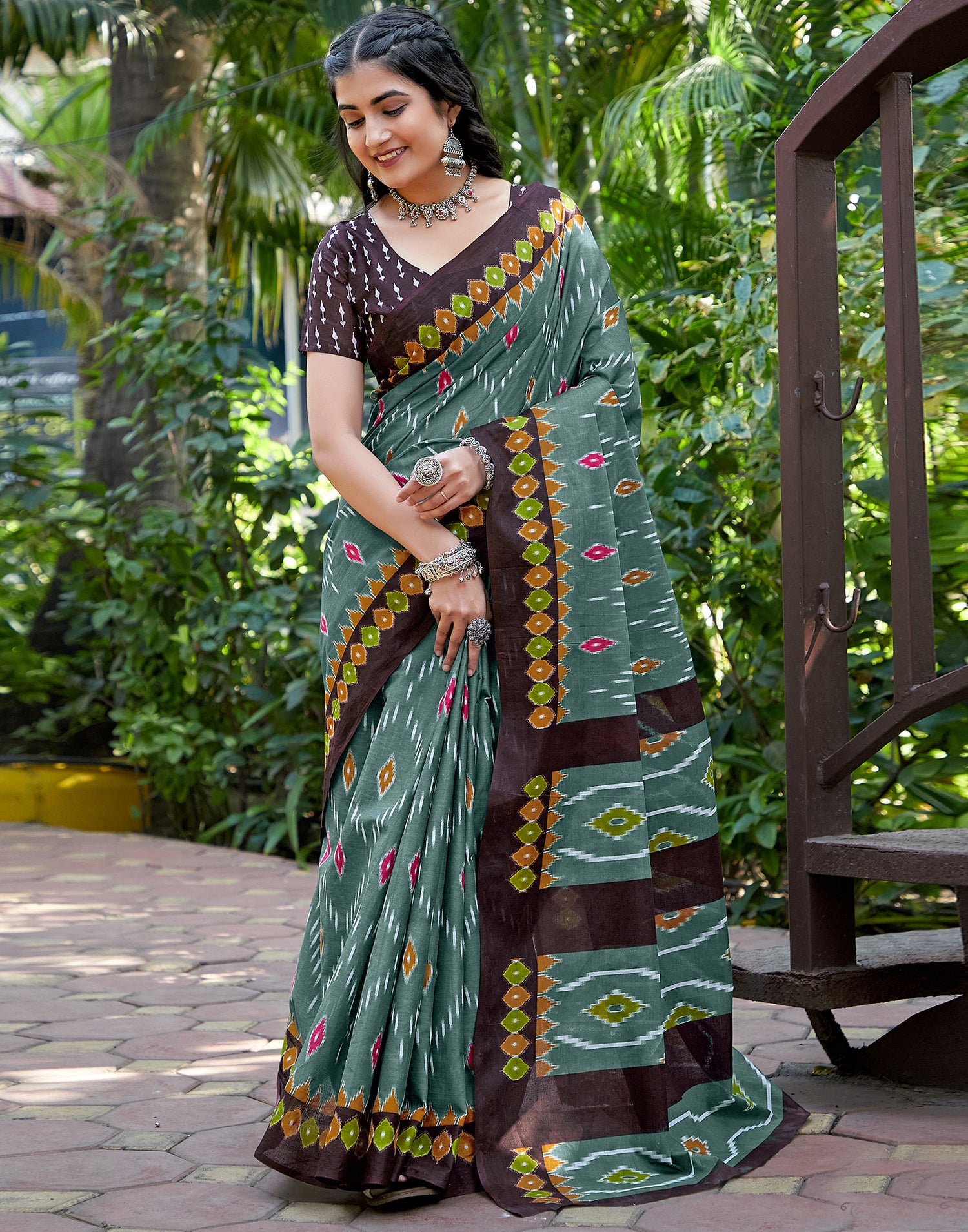 Dusty Green Cotton Printed Saree