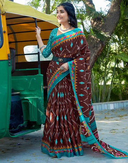 Brown Cotton Printed Saree