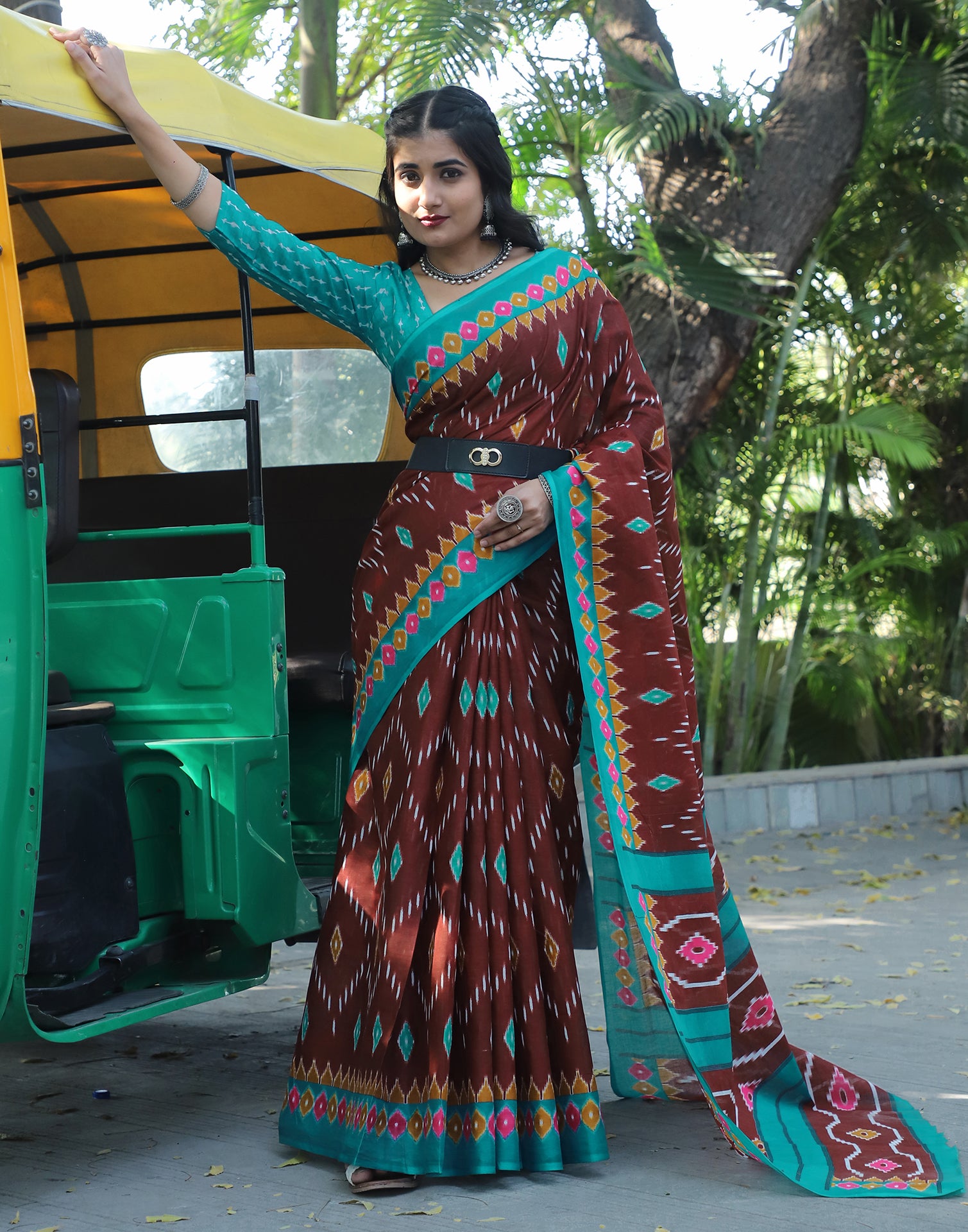 Brown Cotton Printed Saree