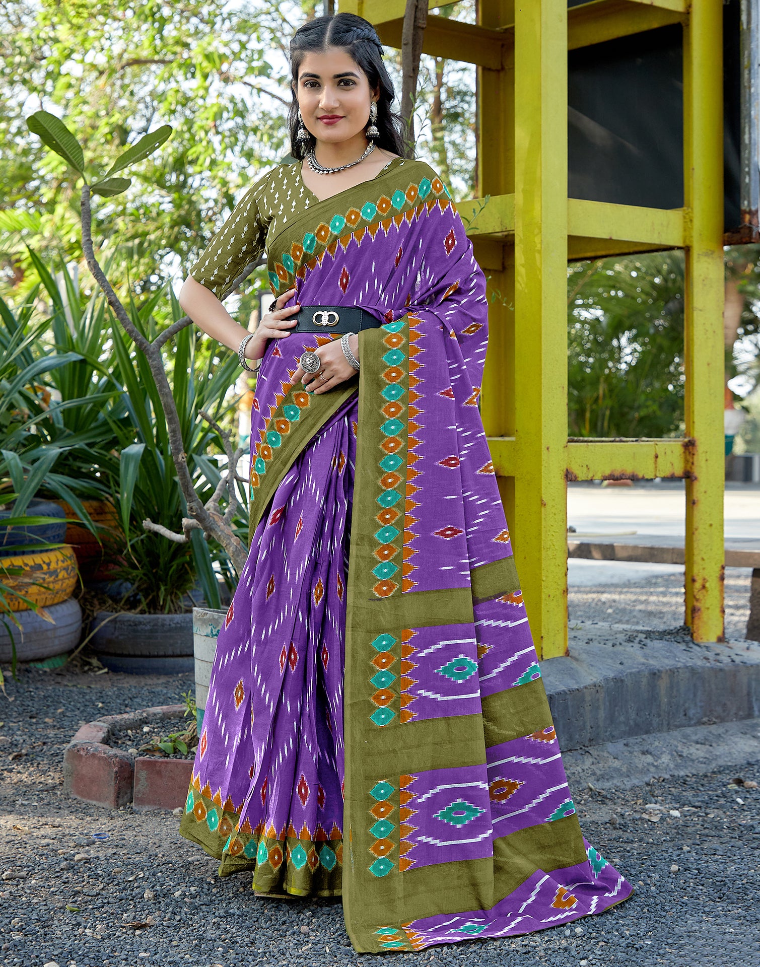 Purple Cotton Printed Saree