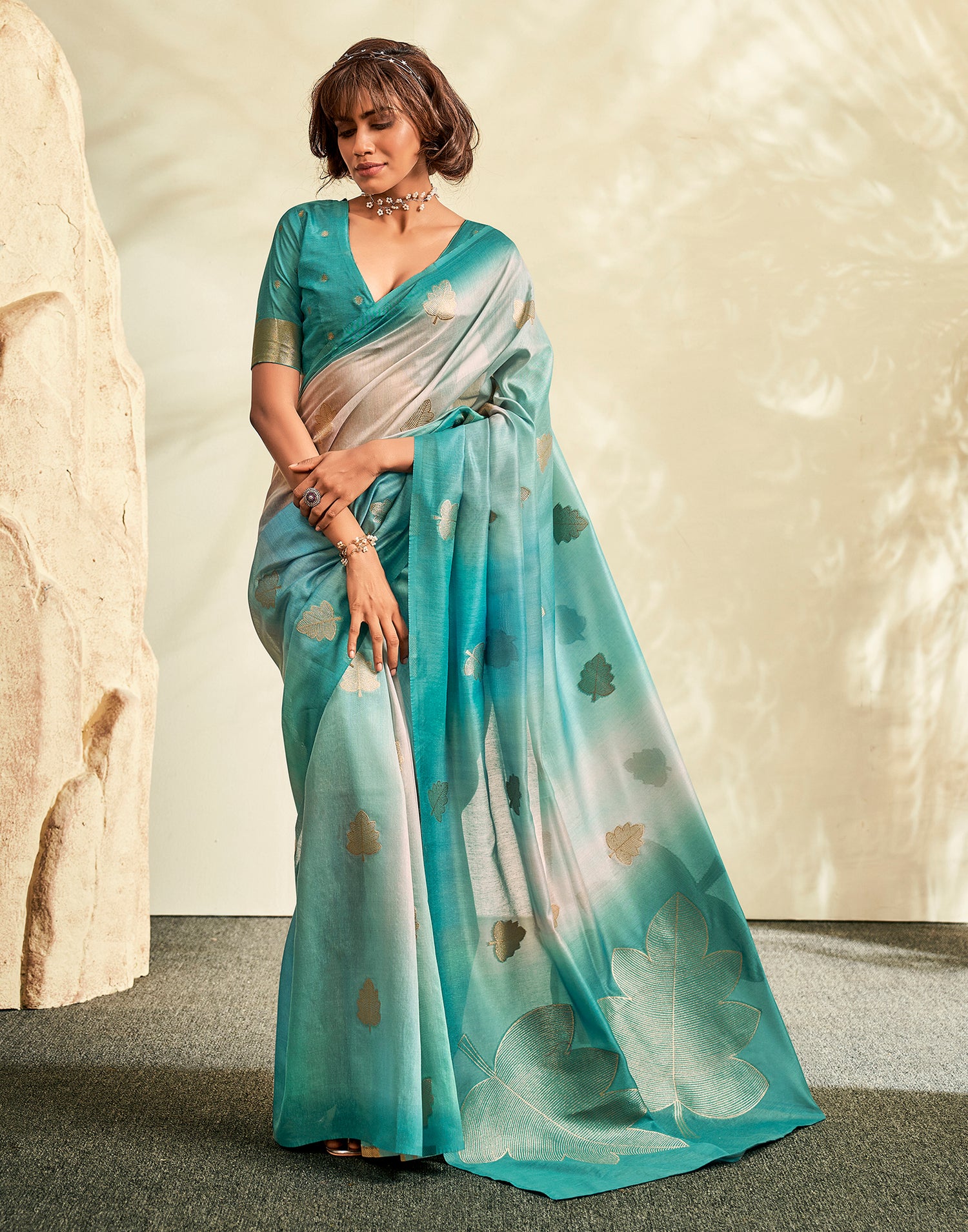 Turquoise Cotton Weaving Saree