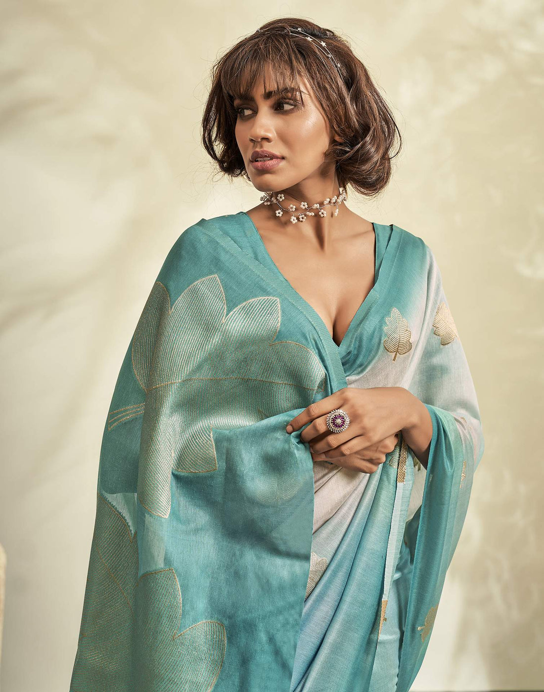 Turquoise Jacquard Cotton Saree