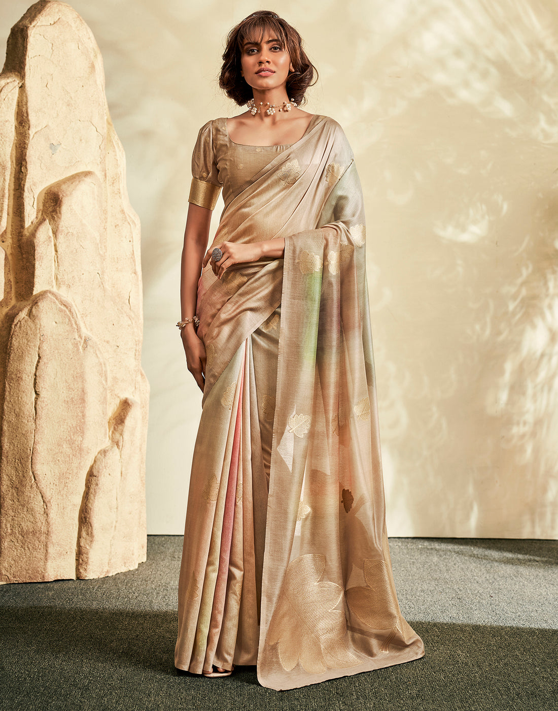 Beige Cotton Weaving Saree