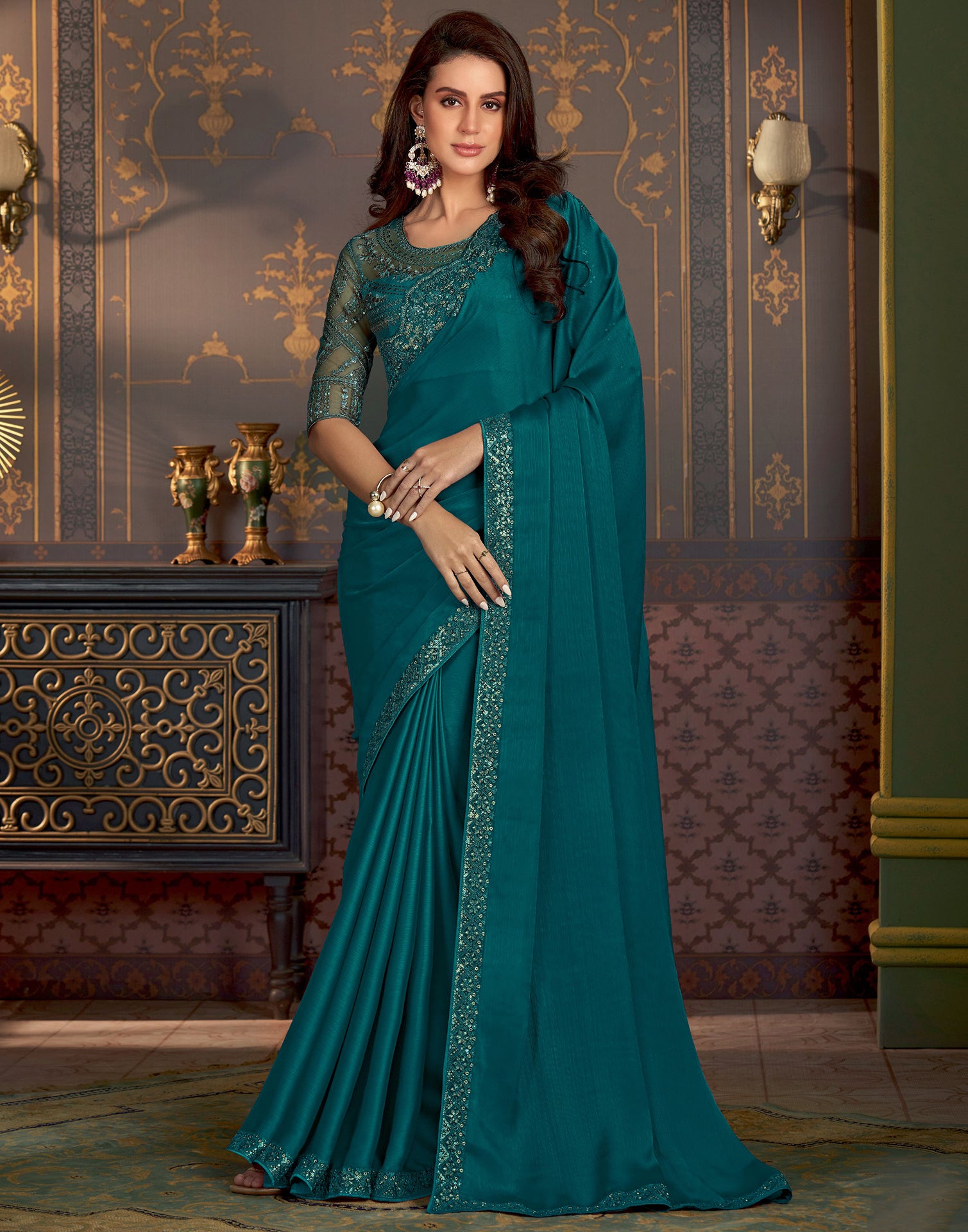 Rama Blue Satin Plain Saree