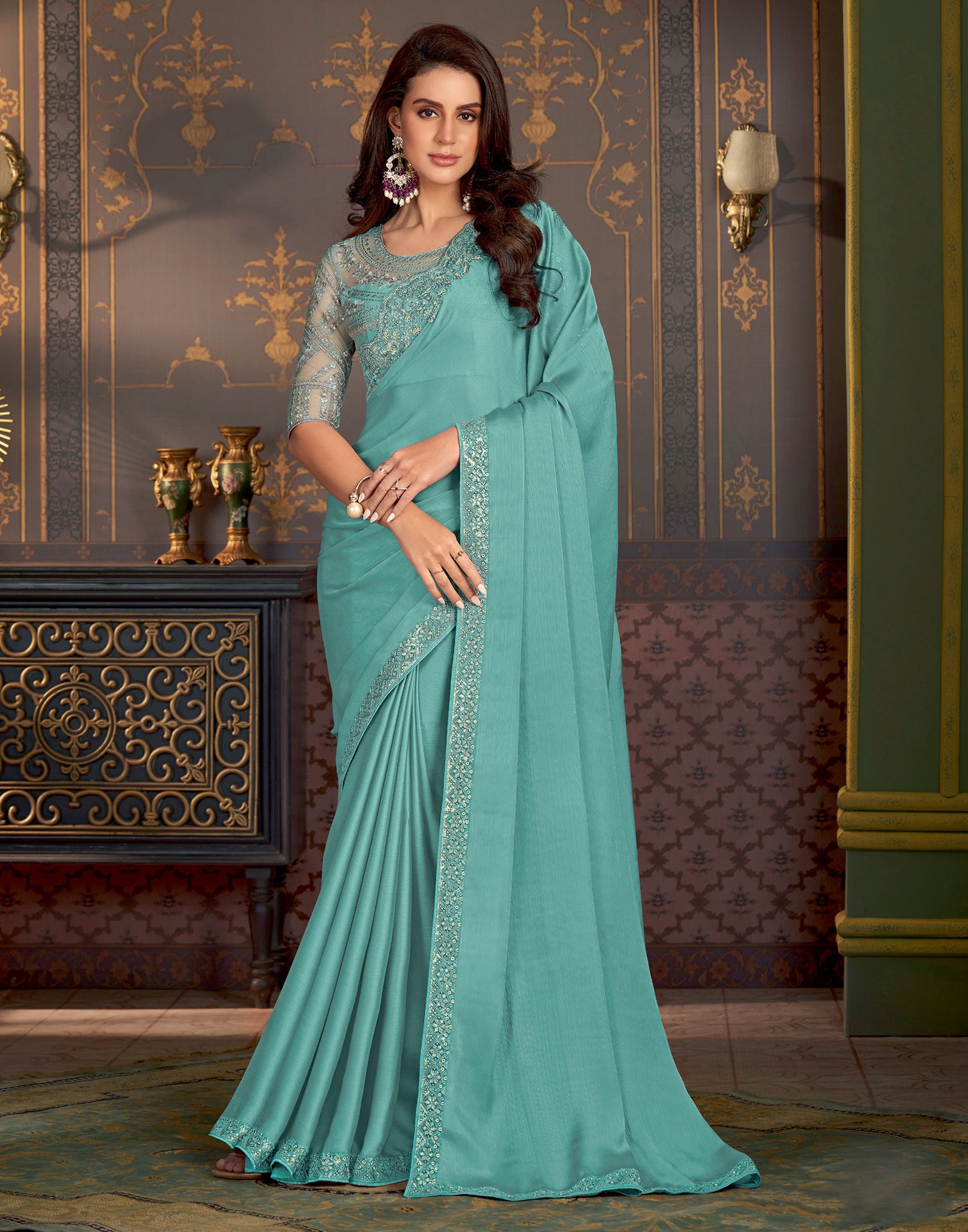 Sky Turquoise Satin Plain Saree