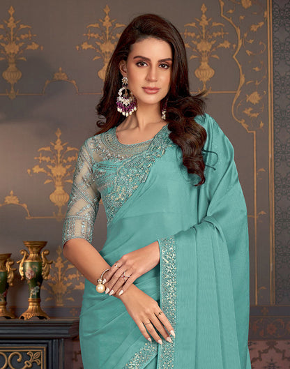 Sky Turquoise Satin Plain Saree