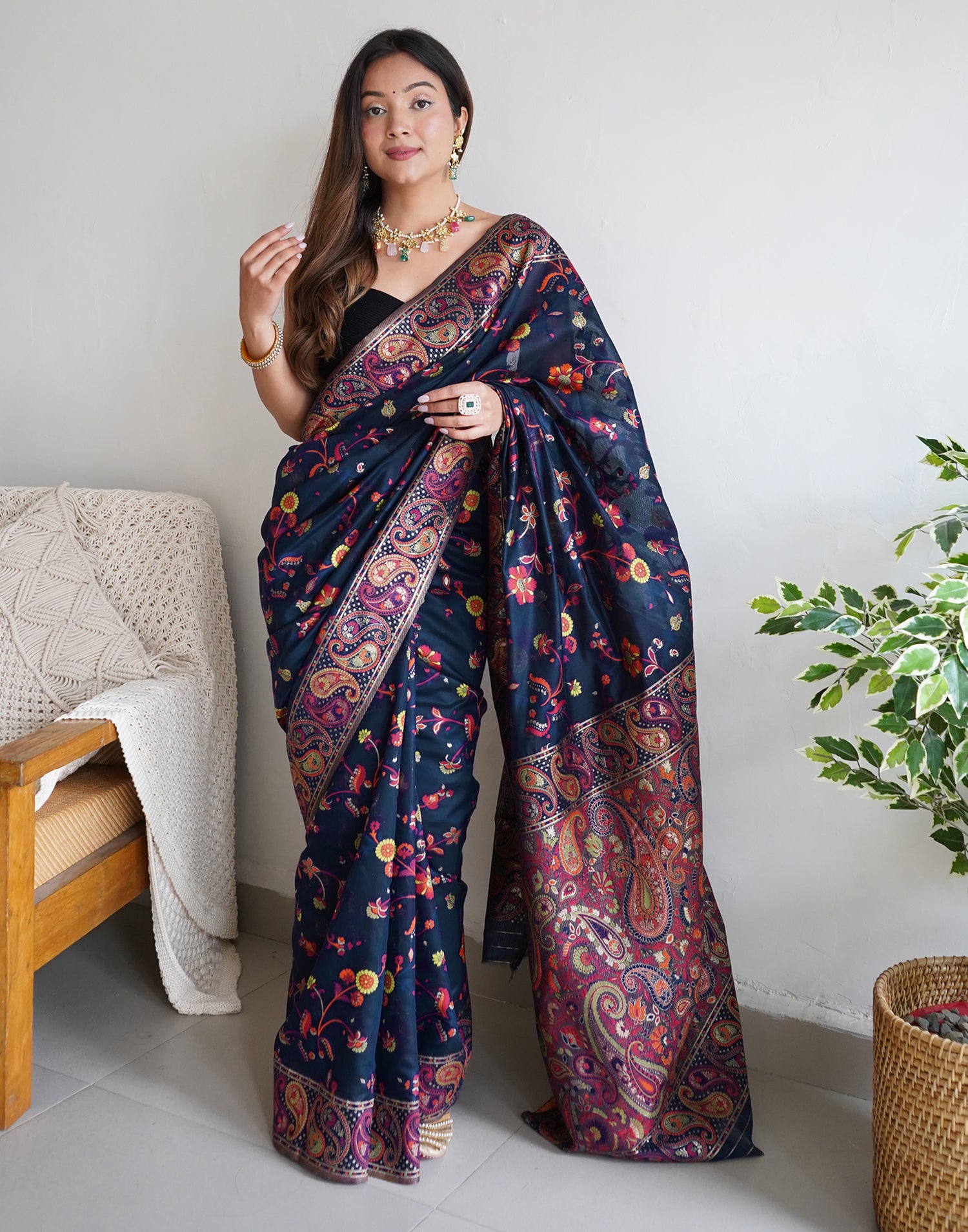 Navy Blue Cotton Printed Saree