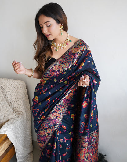 Navy Blue Cotton Printed Saree