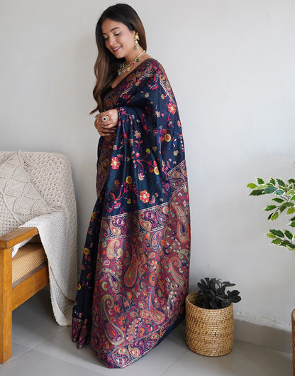 Navy Blue Cotton Printed Saree