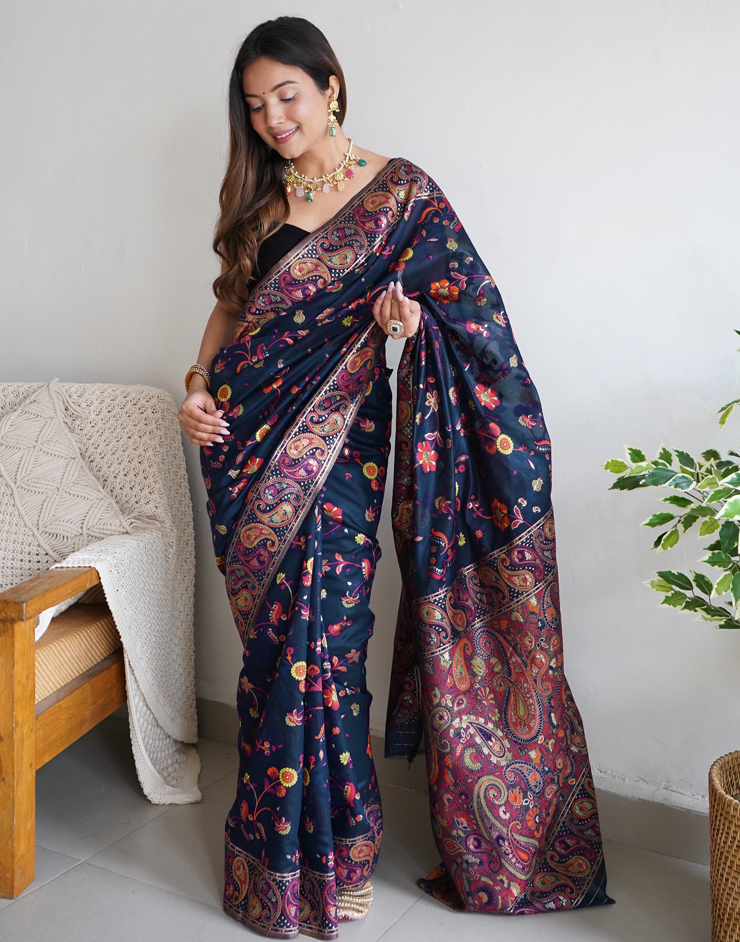 Navy Blue Cotton Printed Saree